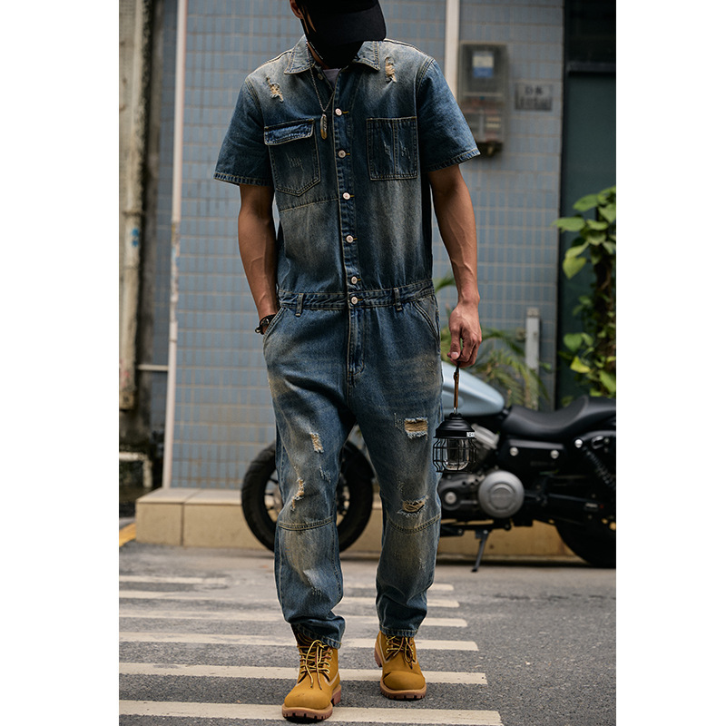 Handsome and Personalized Denim Jumpsuit Short-Sleeved Suit Men's Retro Ripped Washed Denim Jumpsuit Jumpsuit