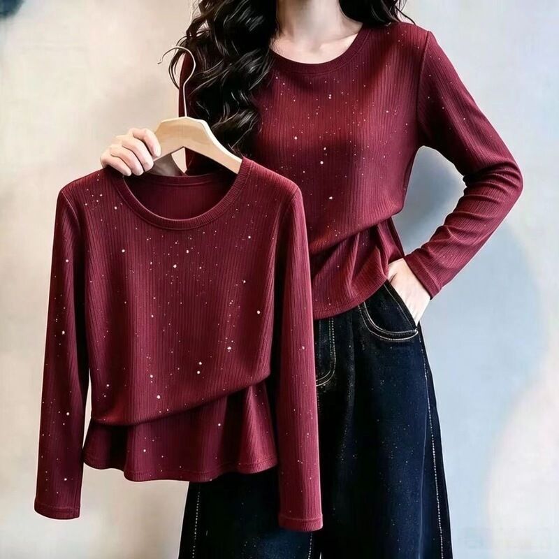 Autumn new arrivals: sequined, star-studded, two-piece style long-sleeve T-shirt for women, slim fit, flattering, stylish, and versatile top Autumn new arrivals: sequined, star-studded, two-piece style long-sleeve T-shirt for women, slim fit, flattering, stylish, and versatile top