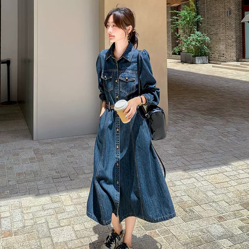 Demi-season long denim dress