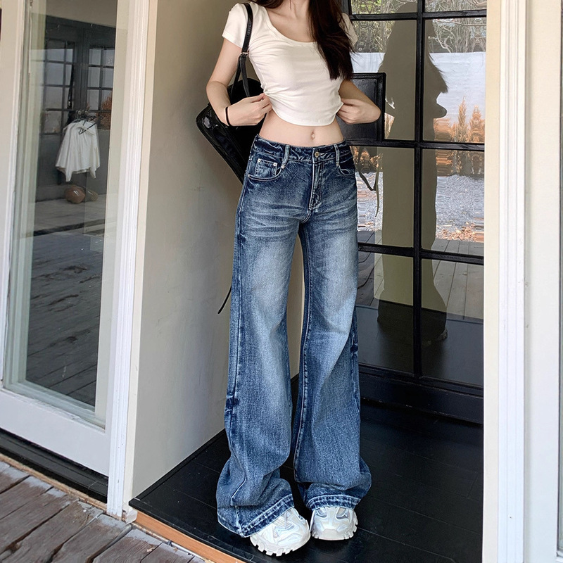 Cracked Flared Wide-Leg Loose Jeans for Petite Women, Slimming Bootcut Jeans for Women, Fall and Winter