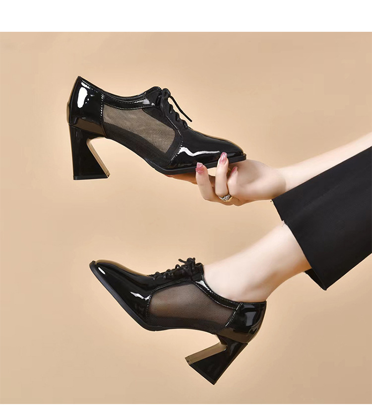 Giày sandal cao gót nữ mũi vuông gót dày da bóng thoáng khí — Màu đen chi tiết 7