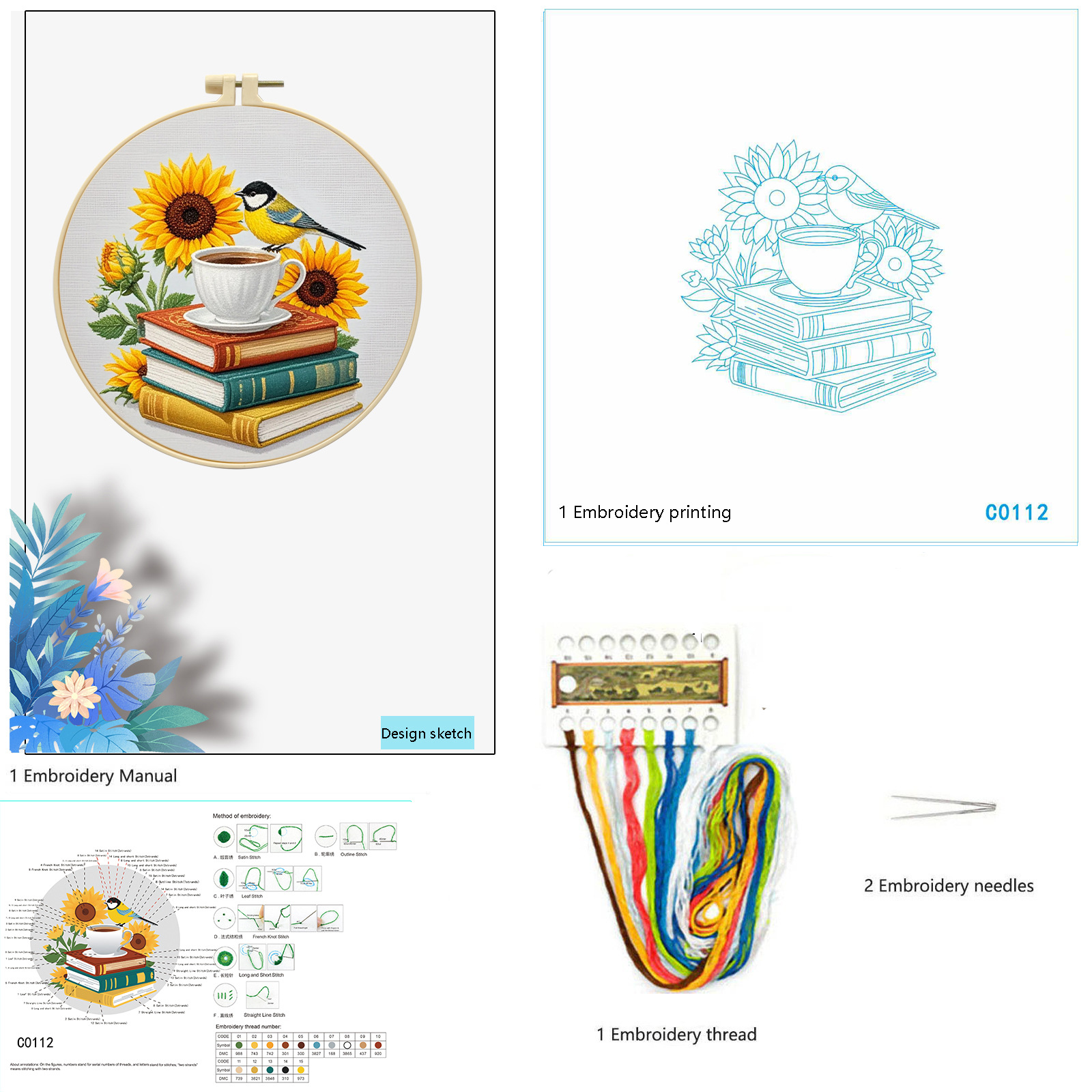 Libro de girasol y paquete de material básico para pájaros (con instrucciones de bordado de aguja)
