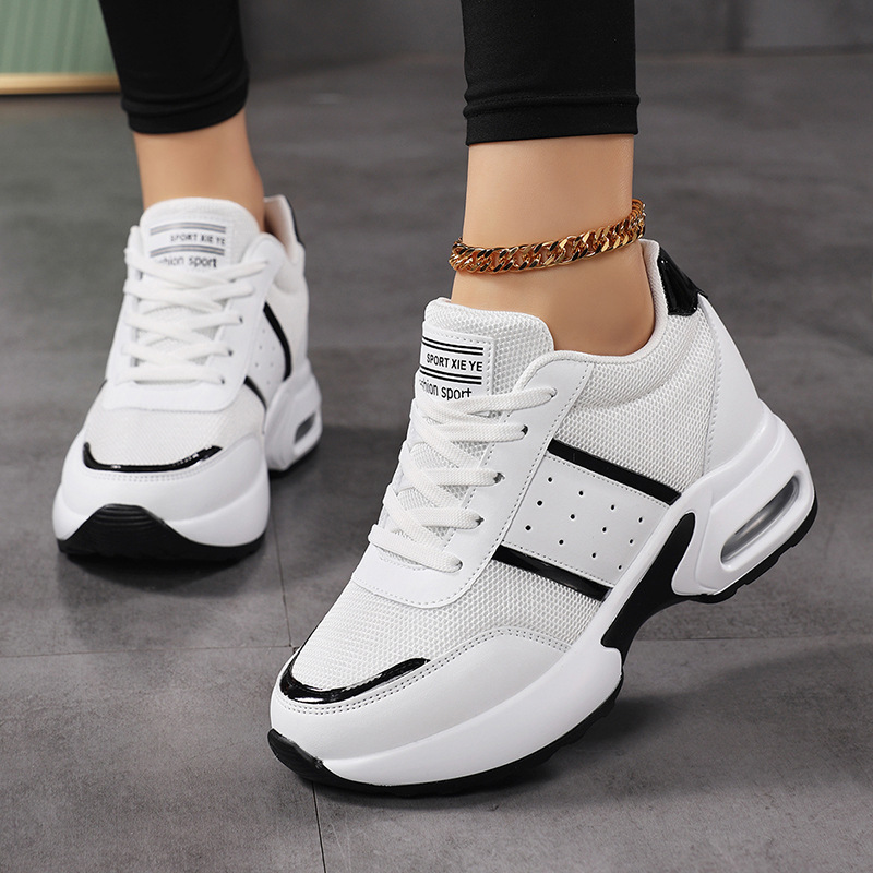 Shoe Factory Wholesale Cross-Border Large Size Mesh Breathable Inner Heightening Women's Shoes New Air Cushion Thick Sole Casual Sports Travel Shoes
