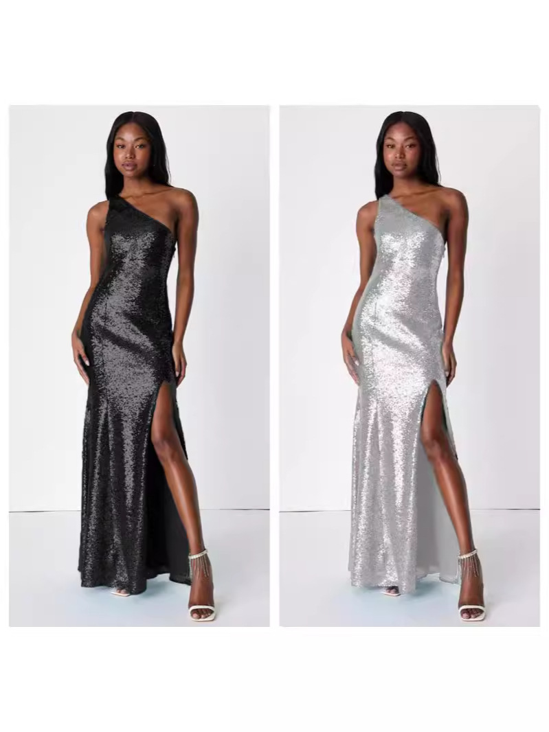 Vestido de vestido sexy con lentejuelas de un solo hombro de la fiesta de Amazon de las nuevas mujeres europeas y americanas transfronterizas (2 colores)