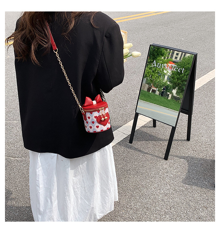 امرأة جلد غير حقيقي شكل القلب موضة طباعة Bowknot سلسلة دلو سحاب البنطلون كروس شنطة حقيبة دلو display picture 4