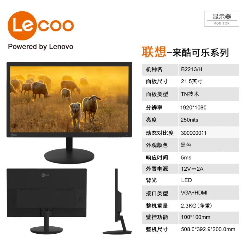 Lenovo 21.5-дюймовый дисплей полнояркости B2213/H VGA+HDMI интерфейс поддерживает настенное крепление