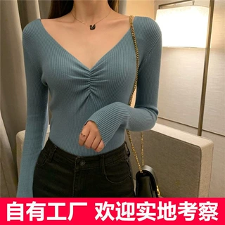 内搭上衣2021秋冬新款皱褶v领针织打底衫长袖法式气质毛衣女批发