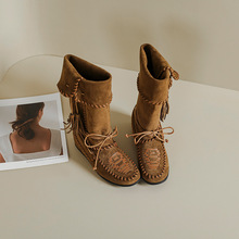 牛皮版~2025秋冬波西米亚风流苏编织拳击靴显瘦堆堆靴西部女靴子
