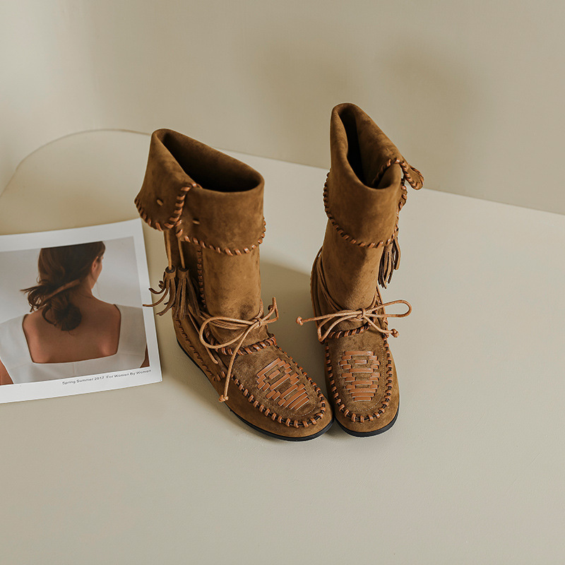 牛皮版~2025秋冬波西米亚风流苏编织拳击靴显瘦堆堆靴西部女靴子