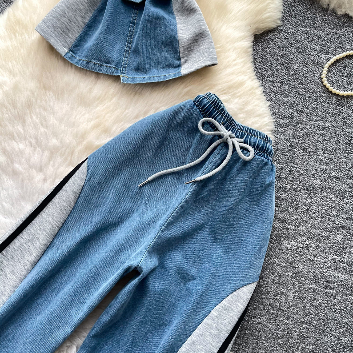 Retro Patchwork Denim Set for Women Short Sleeved Hong Kong Style Summer Casual Straight Leg Pants Two Piece Slimming Outfit_ecoleips.com