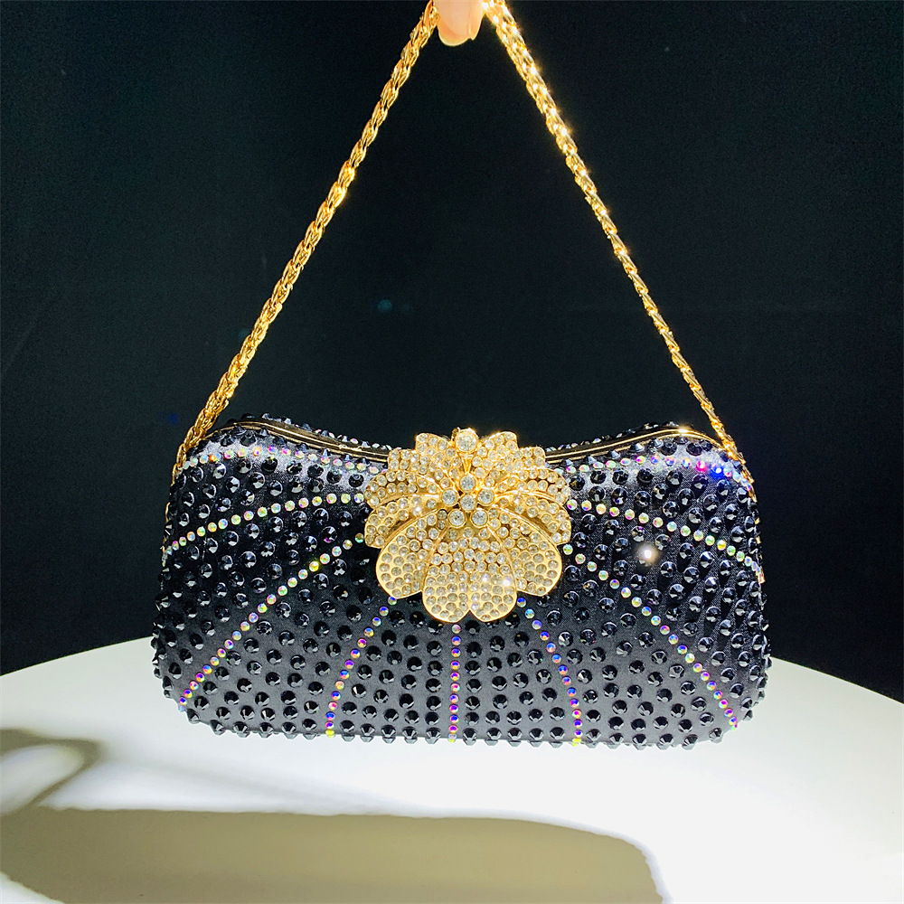 420g Weight Polyester Lining Material Lock clasp Closure Type Chain Strap Type Crossbody Bag, Evening Bag Bags Type Party Occasion Polyester Material Flower Pattern All Seasons Season Women's Gender Diamond Design Elegant Style Shell Shape Gold, Silver, Black Color Gold Silver Black Polyester Flower Shell Evening Bags 11