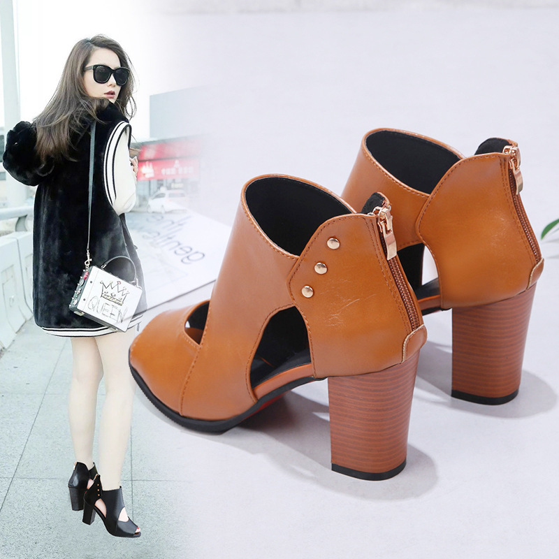 Thick Heel High Heel Peep 2025 Summer New Leather Shoes Sandals Hollow Fashion Shoes Women's Foreign Trade plus size