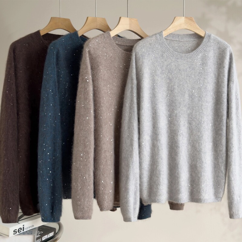 Endi's Gentle Style Sequined Soft and Cozy Fuzzy Sweater with a Round Neck, Versatile Loose Wool Knitwear for Women