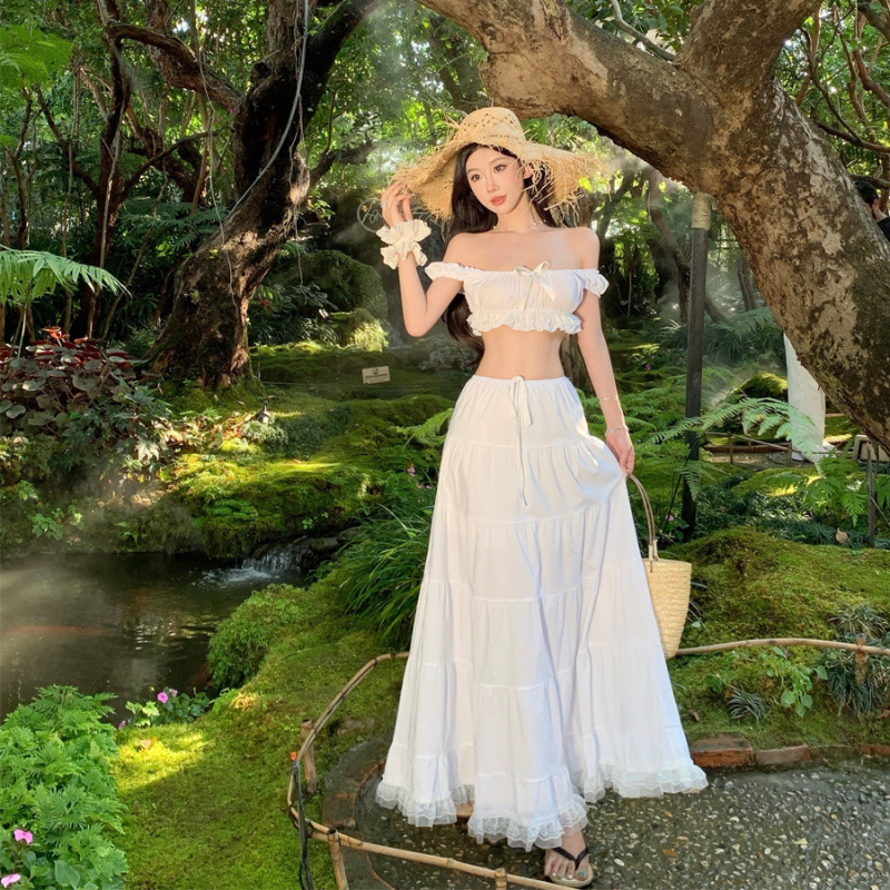 Thailand Island Travel Photo Holiday Style Suit White Super Fairy Puff Sleeve Top Half-Length Skirt Two-Piece Set Thailand Island Travel Photo Holiday Style Suit White Super Fairy Puff Sleeve Top Half-Length Skirt Two-Piece Set