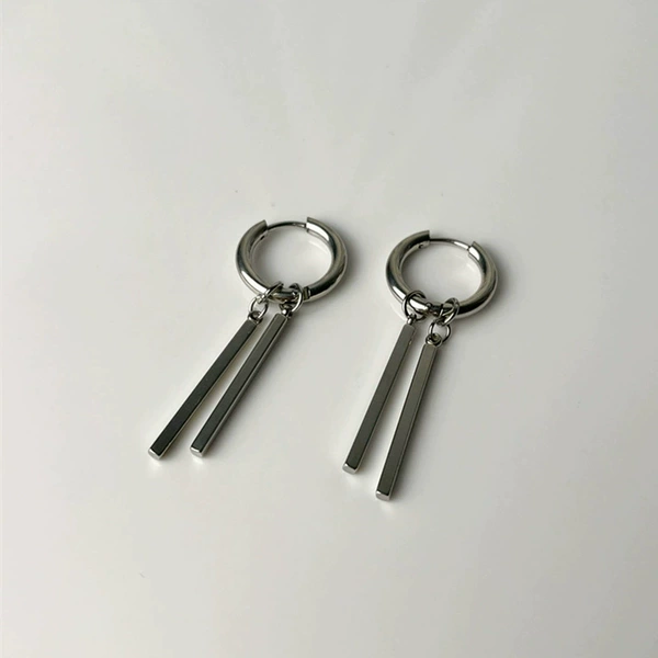 Steel color double square stick earrings