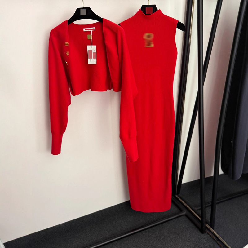 Knitted Suit Classy Special-Shaped Gold Button Short Knitted Cardigan + Cut Out Waist Knitted Vest Dress