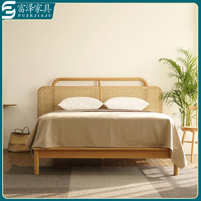 北欧实木床民宿家用藤编床藤艺双人床卧室日式复古1.8m1.5米藤床|ms