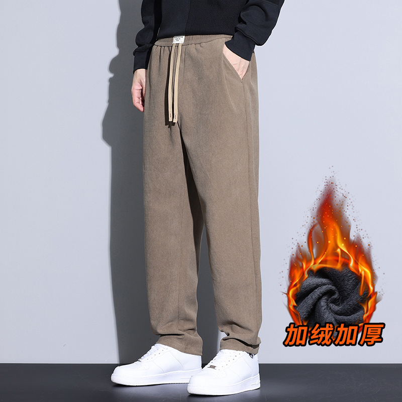 Men's Plus-Size Casual Pants with Fleece, Straight-Leg Sweatpants, Autumn and Winter Trendy Brand Sports Wide-Leg Long Pants, New Model for 2025
