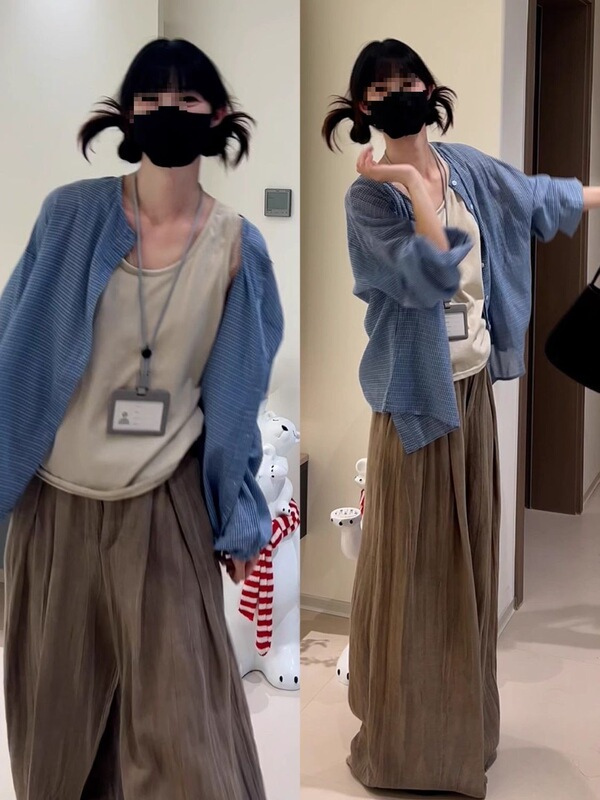 套装女2025夏季韩系辣妹长袖衬衫外套吊带背心阔腿裤三件套潮|undefined