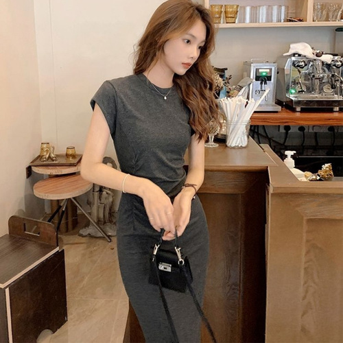 Ins trendy pure desire niche body-shaping slimming short-sleeve dress for women summer Korean version with waist-cinch long dress for women