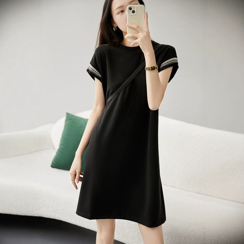 Summer New Style Airy Small Flutter Sleeve T-Shirt Dress with Round Neck and Straight Skirt, Slimming, Fashionable, Simple and Elegant Summer New Style Airy Small Flutter Sleeve T-Shirt Dress with Round Neck and Straight Skirt, Slimming, Fashionable, Simple and Elegant