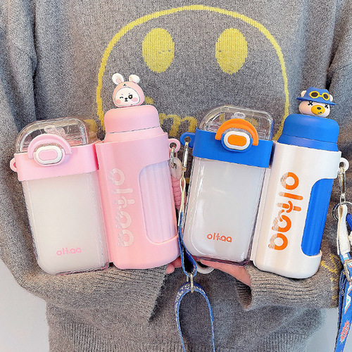 Cute cartoon 316 stainless steel children's thermos cup outdoor portable double warehouse plastic cup large capacity straw cup