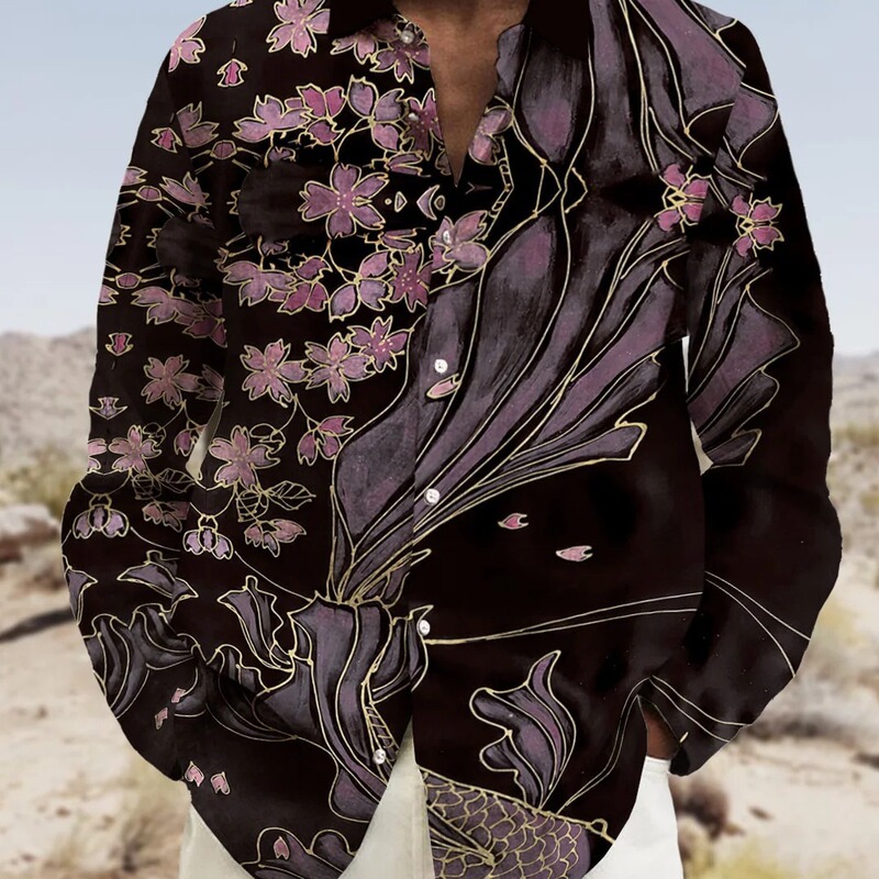 3D forest leaves printing fashion spring and autumn new independent station Hawaiian men's casual loose long sleeve shirt