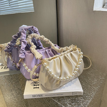 春夏新款褶皱珍珠链条包包女潮时尚腋下包休闲百搭女包ins云朵包