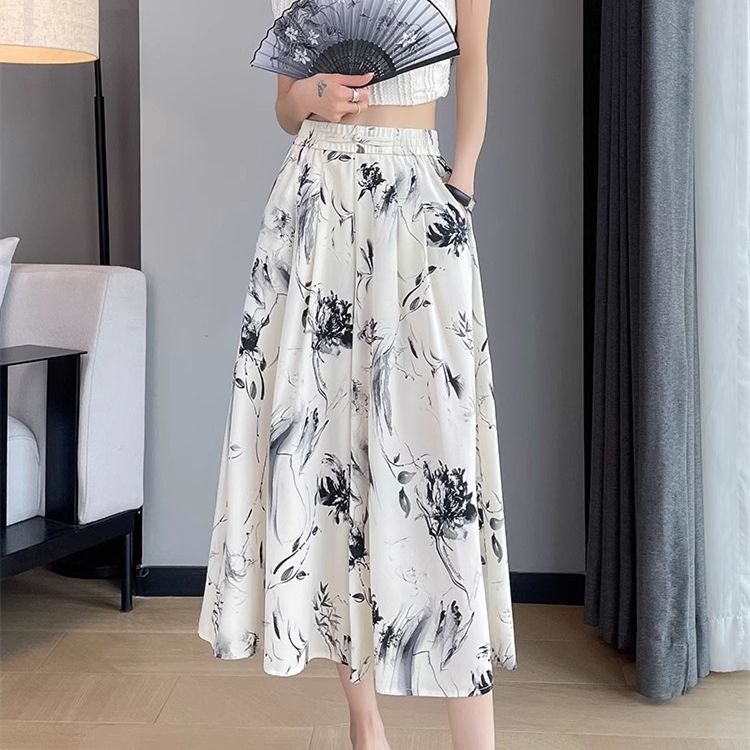 Summer Thin Chiffon Wide-Leg Pants for Women, Cropped Skirt Pants with Elastic Waist, Petite Chinese Style Pants, New Floral Pants
