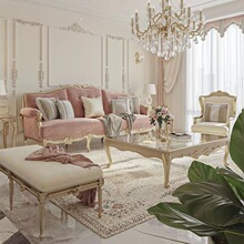 新古典仙女风复古金色雕花茶几组合家具法式轻奢实木宫廷三人沙发