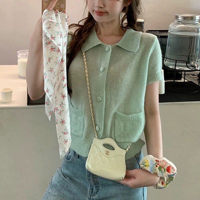 Coreano dulce cuello de muñeca de punto de manga corta cardigan de moda única hermosa chaqueta de verano Miu cardigan image 3
