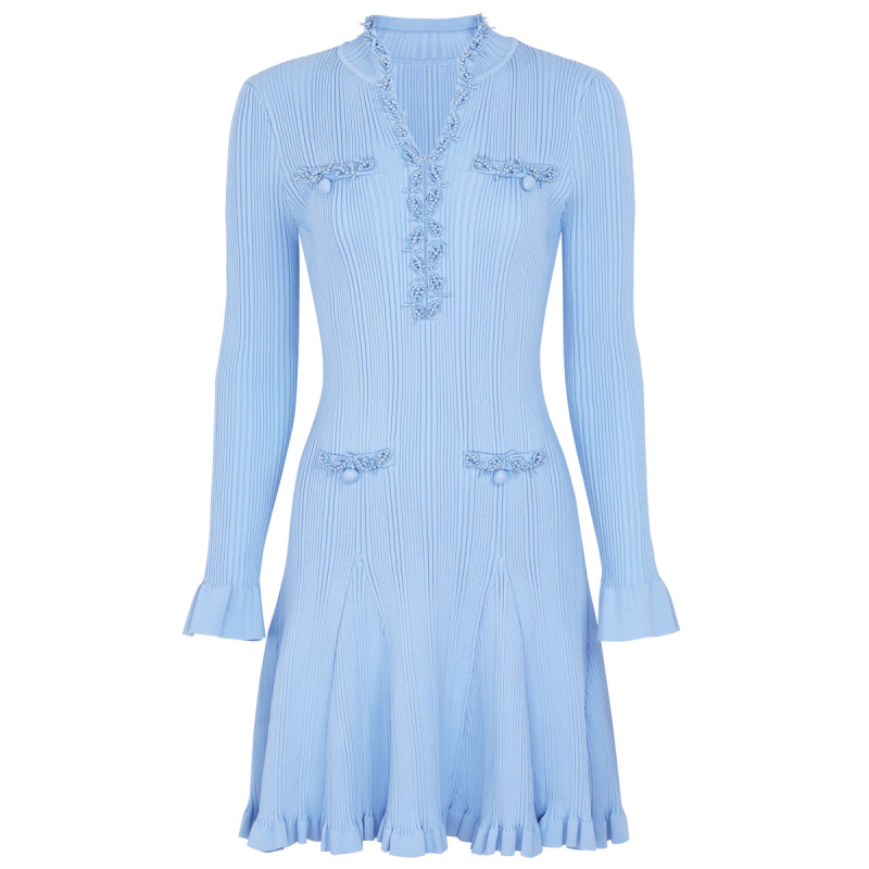 25183 Quality Spot European and American Spring and Autumn New Fashion Knitted Heavy Beaded Slim Fit Long Sleeve Dress