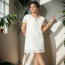 跨境小众重工钉珠钩花蕾丝短袖连衣裙女夏季高腰显瘦气质时尚短裙
