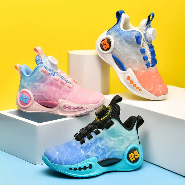 Luminous Basketball Shoes for Kidsren 2024 Summer Rotating Button Sports Shoes for Boys, Middle and Large Kidsren and Girls Running Trendy Shoes