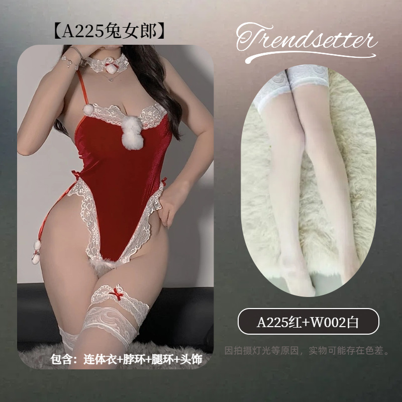 A225 레드[원피스+넥링+다리링+헤드웨어]+화이트 스타킹