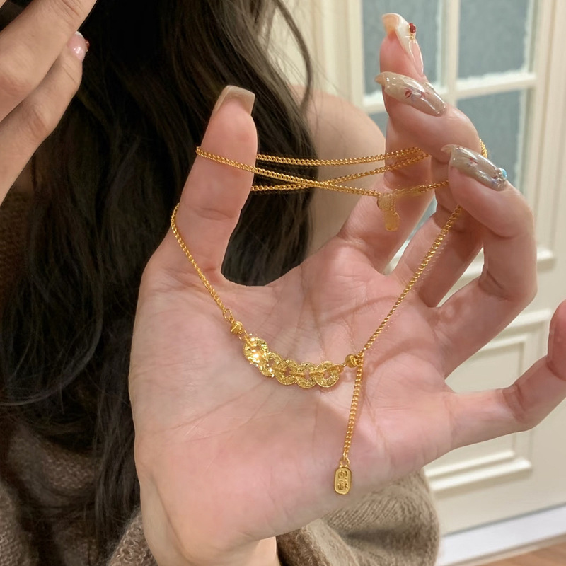 24K Real Gold Vacuum Electroplated Strong Color Retention Money Multi-Flashing Crushed Ice Five Emperors Copper Coin Fortune-Attracting Necklace