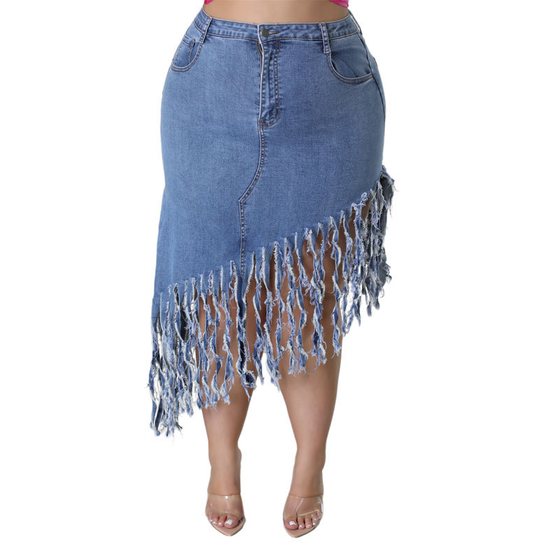 Gonna di jeans con nappe per donna taglie forti moda primavera_voghion.com
