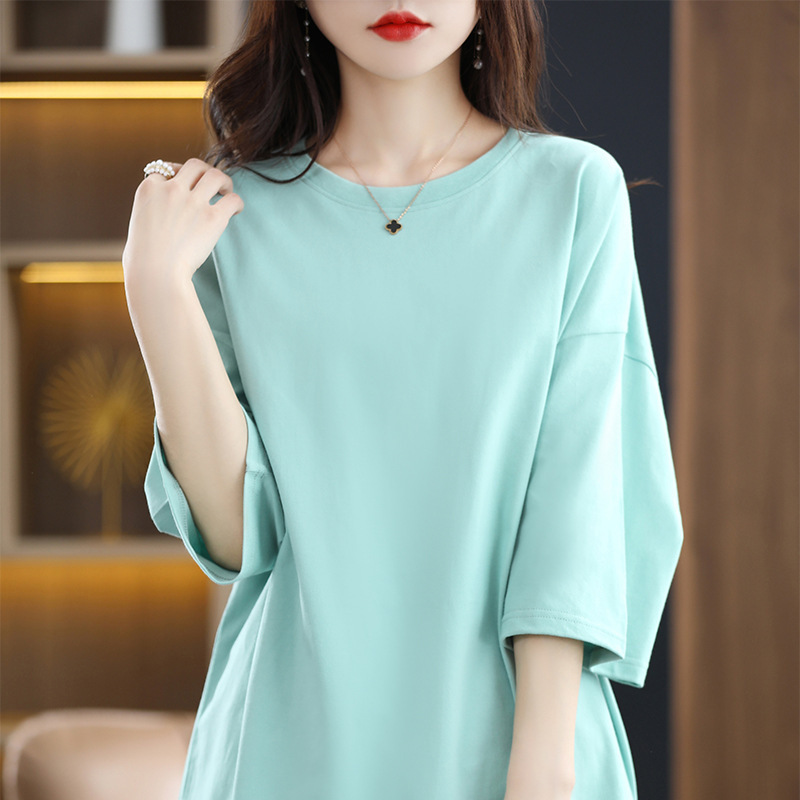 2023 Summer New Color T-Shirt Round Neck Mid-length Korean Style Loose plus size Lazy Style Short-sleeved Base Top