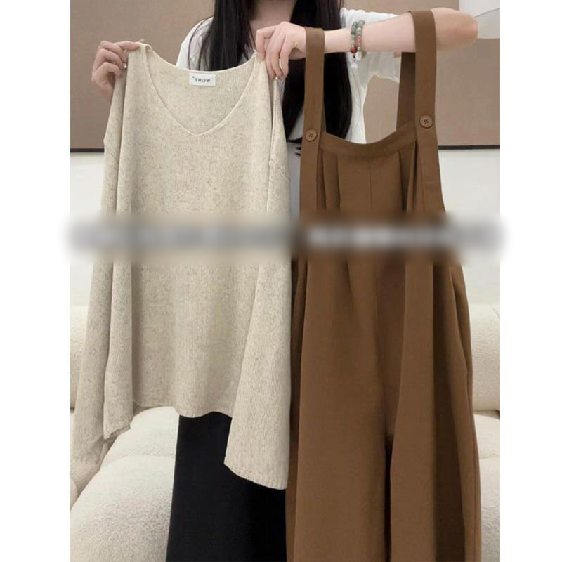 秋季一整套穿搭女2025新款百搭慵懒风针织上衣休闲背带裤两件套装|undefined