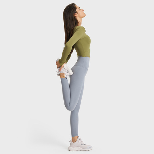 A new model of drop-shipping yoga long-sleeved tops with chest pads for women, waist-revealing short sexy running sports fitness clothes