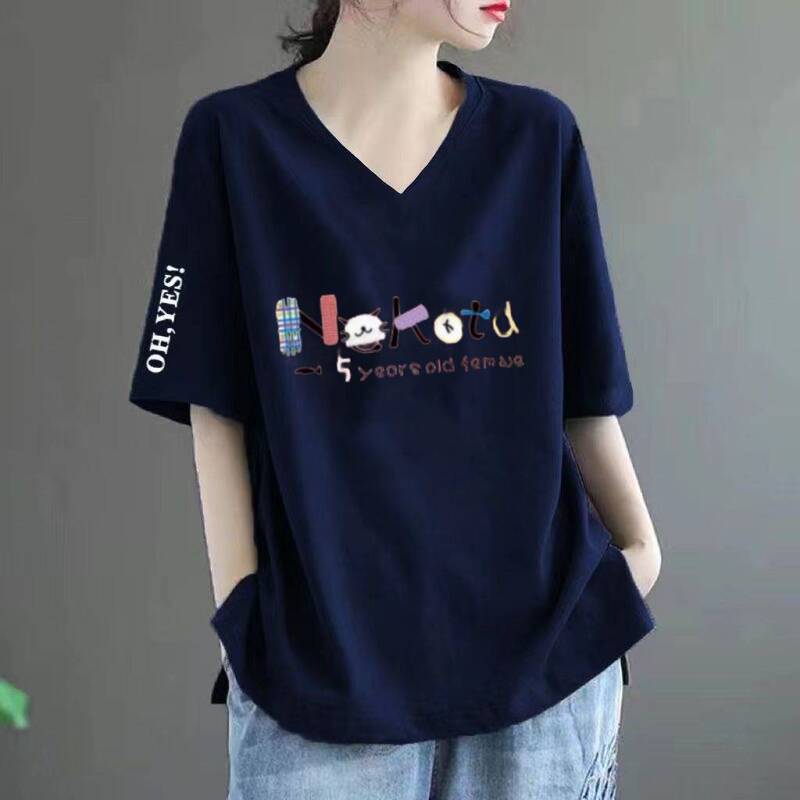 Clearance Short-sleeved T-shirt Women's Mother's Summer Printed V-neck Loose plus size Casual Western Style Middle-aged Top