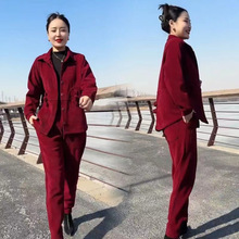 中年妈妈春秋套装2025新款高级感中老年女装时尚洋气酒红色两件套