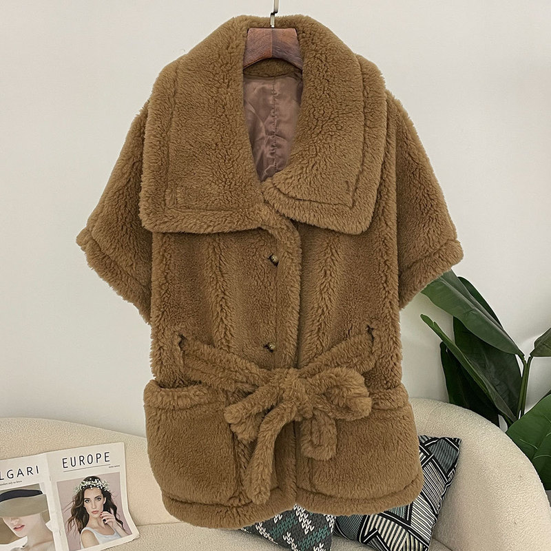 Cross-Border Teddy Vest Jacket for Women with Large Lapel and Lace-Up Design, Alpaca Wool, Warm and Fashionable, Versatile and Slimming Item