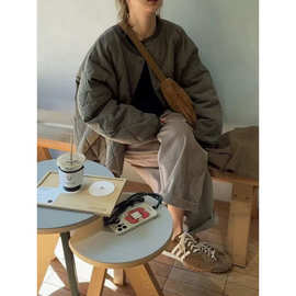 日系绿色菱形格轻薄棉服外套女秋冬新款复古休闲简约宽松短款上衣