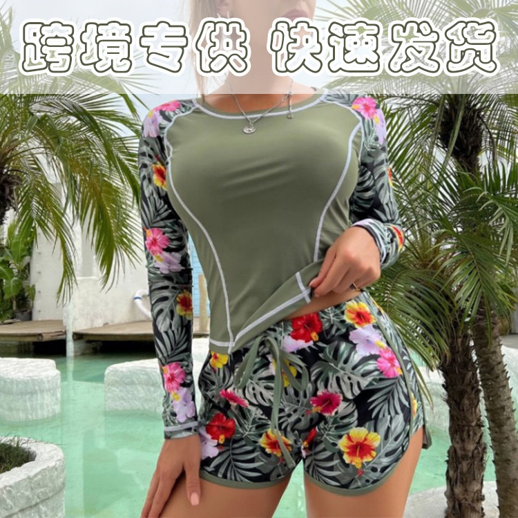 2024 New Amazon European and American Diving Surfsuit Long Sleeve Sunscreen Digital Printed Flat Angle Split Swimsuit Women's Clothing