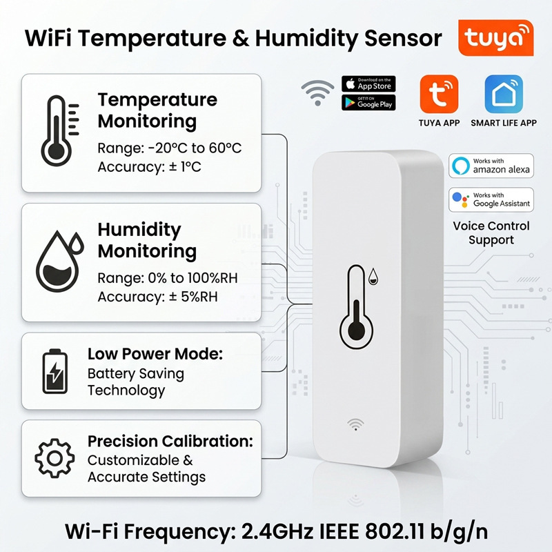Tuya Smart Thermohygrometer, Tuya APP Remote Monitoring, Temperature and Humidity Sensor, Wireless Indoor Detection for Home Use