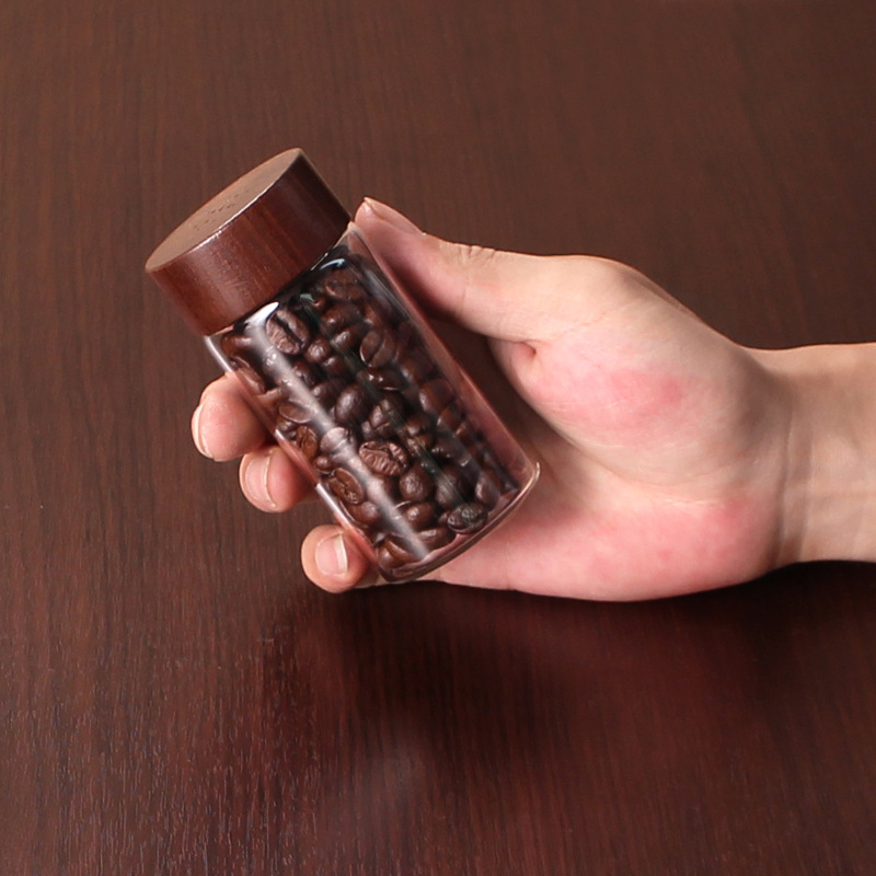 Válvula de retención oculta de mano frasco pequeño de vidrio Nogal Negro Luz de escape de lujo mini subcontenedor de almacenamiento de granos de café