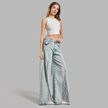 水洗做旧蕾丝蕾丝阔腿牛仔裤女高腰显瘦宽松垂坠感长裤亚马逊新款