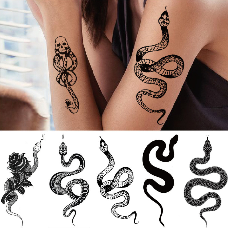 New Snake Tattoo Stickers Dark Trendy Cool Black Mamba Death Cult Snake-Shaped Skull Tattoo Stickers