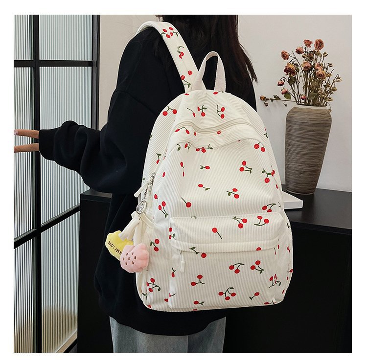 1197g Weight Polyester Lining Material Zipper Closure Type Double Shoulder Straps Strap Type Casual, School, Daily Occasion Corduroy Material Back To School Festival School Backpack Backpack Cherry Pattern All Seasons Season Women's Gender Cute Style Shell Shape Cherry Casual School Daily School Backpack 5